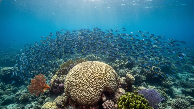 School of blue tang fish swimming above rounded brain coral on the Belize Barrier Reef