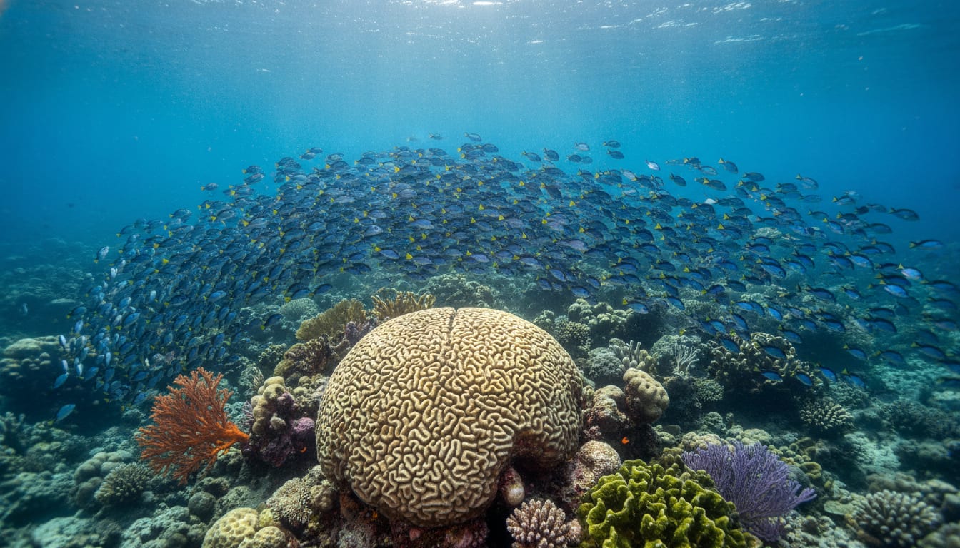 Large school of fish swimming above a round brain coral on a sunlit reef